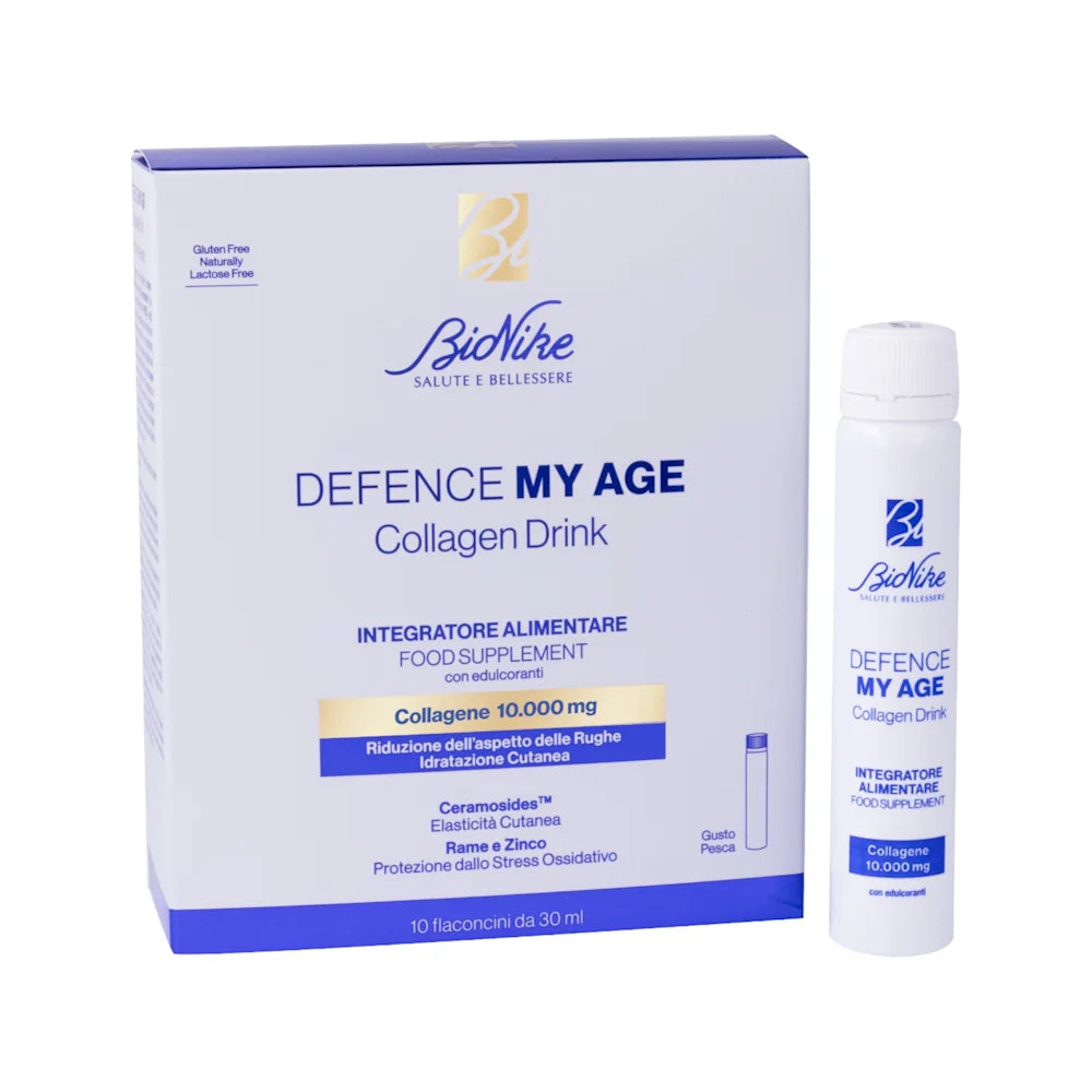 DEFENCE MY AGE COLLAGENE DRINK 10 FLACONCINI DA 30 ML GUSTO PESCA SENZA GLUTINE NATURALMENTE PRIVO DI LATTOSIO CON EDULCORANTE