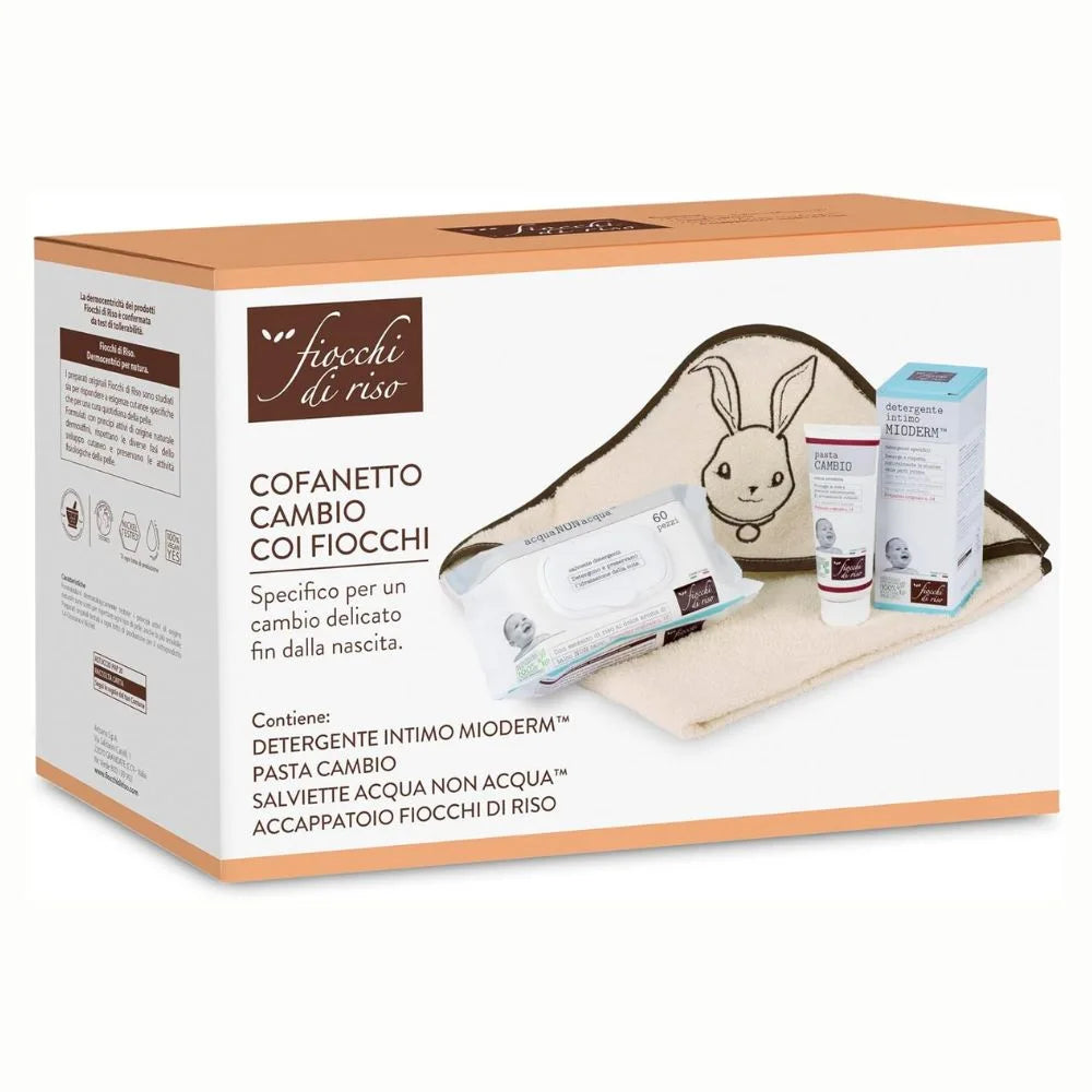 FIOCCHI DI RISO COFANETTO CAMBIO DETERGENTE INTIMO MIODERM 240 ML + PASTA CAMBIO 100 ML + ACQUA NON ACQUA SALVIETTE DETERGENTI 60 PEZZI