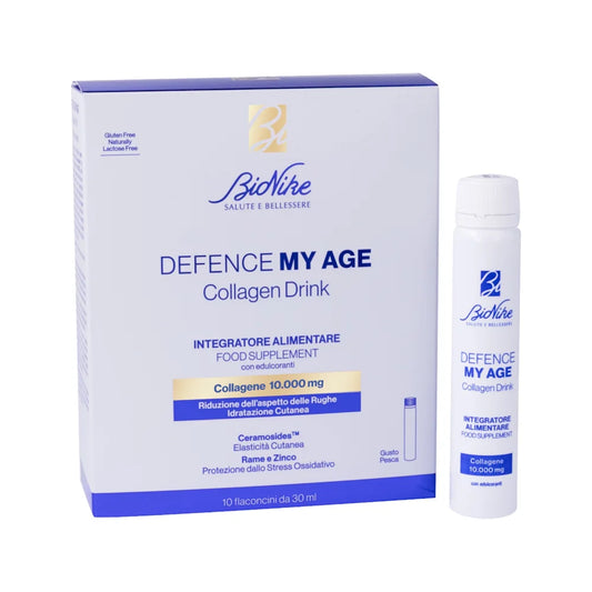 DEFENCE MY AGE COLLAGENE DRINK 10 FLACONCINI DA 30 ML GUSTO PESCA SENZA GLUTINE NATURALMENTE PRIVO DI LATTOSIO CON EDULCORANTE