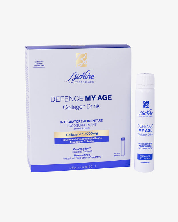 DEFENCE MY AGE COLLAGENE DRINK 10 FLACONCINI DA 30 ML GUSTO PESCA SENZA GLUTINE NATURALMENTE PRIVO DI LATTOSIO CON EDULCORANTE