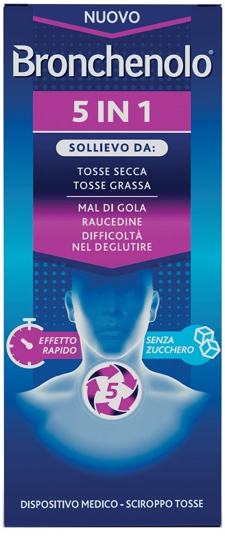 BRONCHENOLO 5 IN 1 SCIROPPO TOSSE 120 ML SENZA ZUCCHERO, ALCOL, LATTOSIO, GLUTINE, COLORANTI ARTIFICIALI E OGM