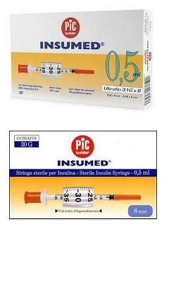 SIRINGA PER INSULINA PIC INSUMED 0,5 ML 100 UI AGO GAUGE 30 LUNGHEZZA 8 MM SENZA SPAZIO MORTO 3 SACCHETTI DA 10 PEZZI